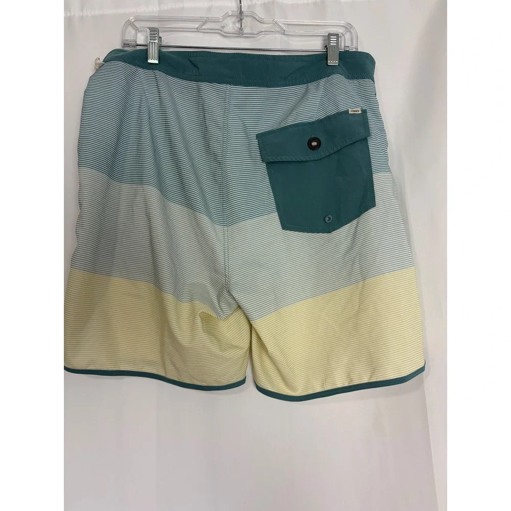 Vuori Cruise Boardshorts Mens 33 Teal Yellow Striped Stretch Swim Trunks
